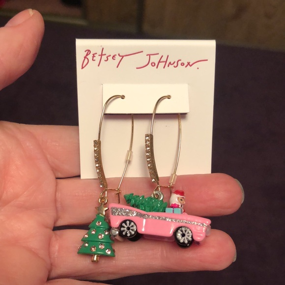 NWT Betsey Johnson Pink Santa Car Earrings Mix-Matched Rhinestones & Faux Pearl - Picture 14 of 17